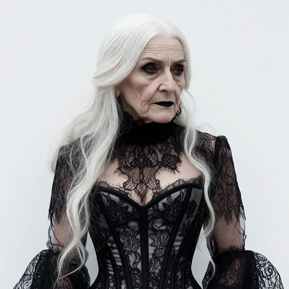 Elderly woman in black lace corset Elderly woman in black lace corset