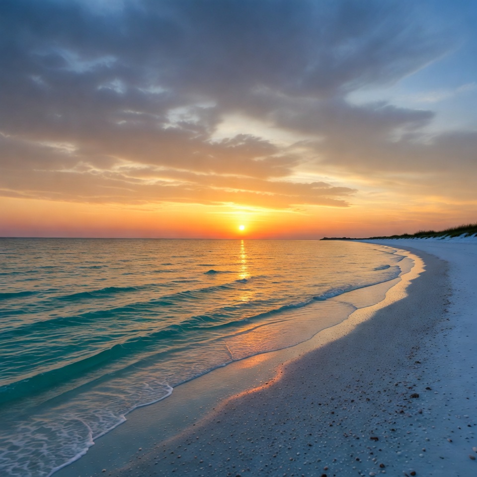 Sunset over white sand beach Sunset over white sand beach