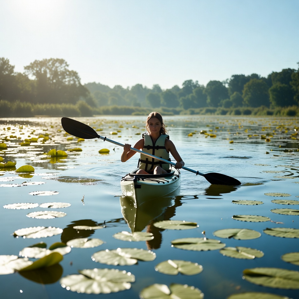 Woman kayaking through lily pads Woman kayaking through lily pads