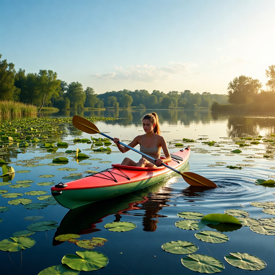 Woman kayaking through lily pads Woman kayaking through lily pads