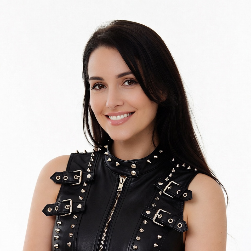 Woman smiling in spiked leather vest Woman smiling in spiked leather vest