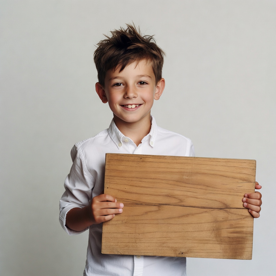 Boy holding blank wooden sign Boy holding blank wooden sign