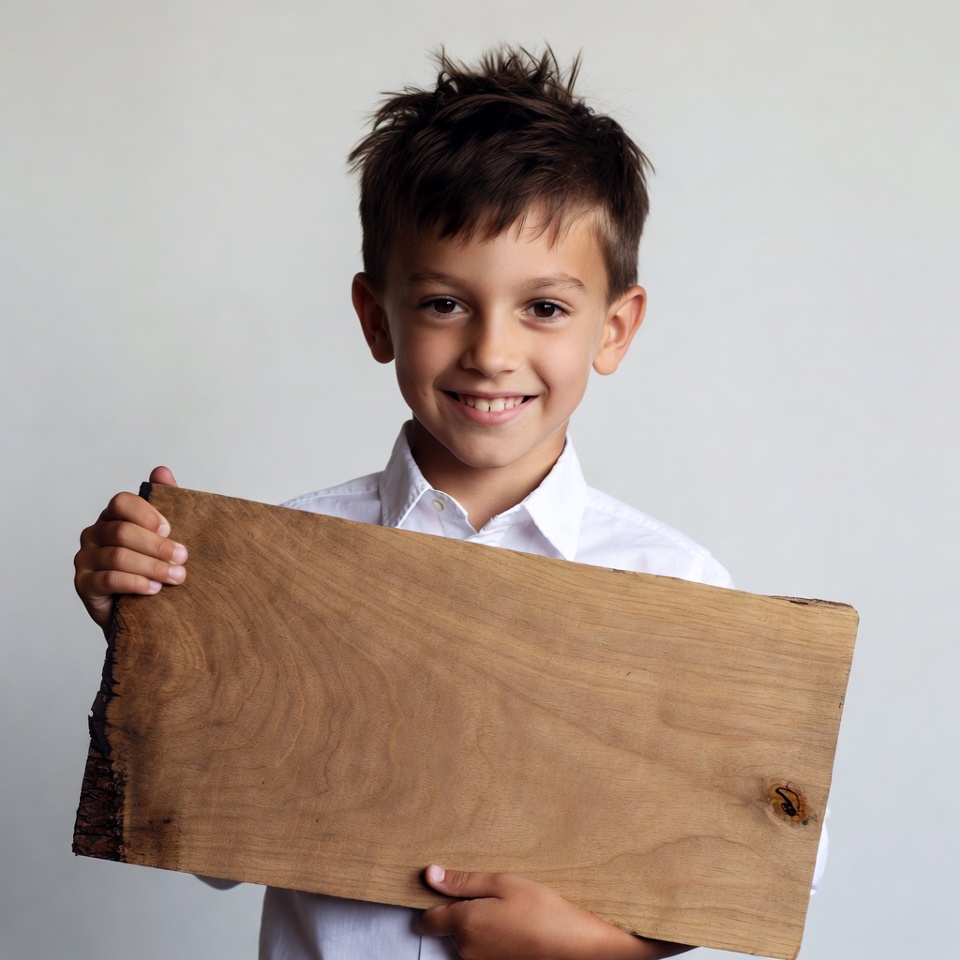 Boy holding wooden sign Boy holding wooden sign