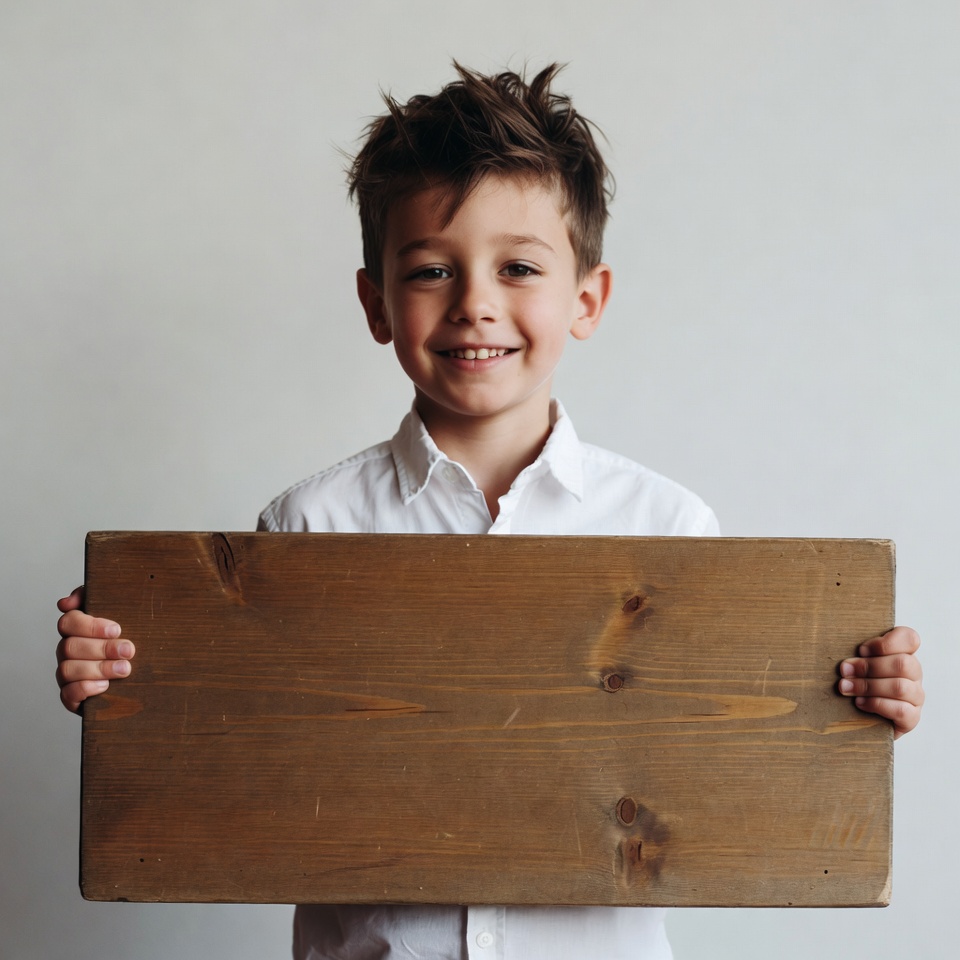 Boy holding wooden sign Boy holding wooden sign
