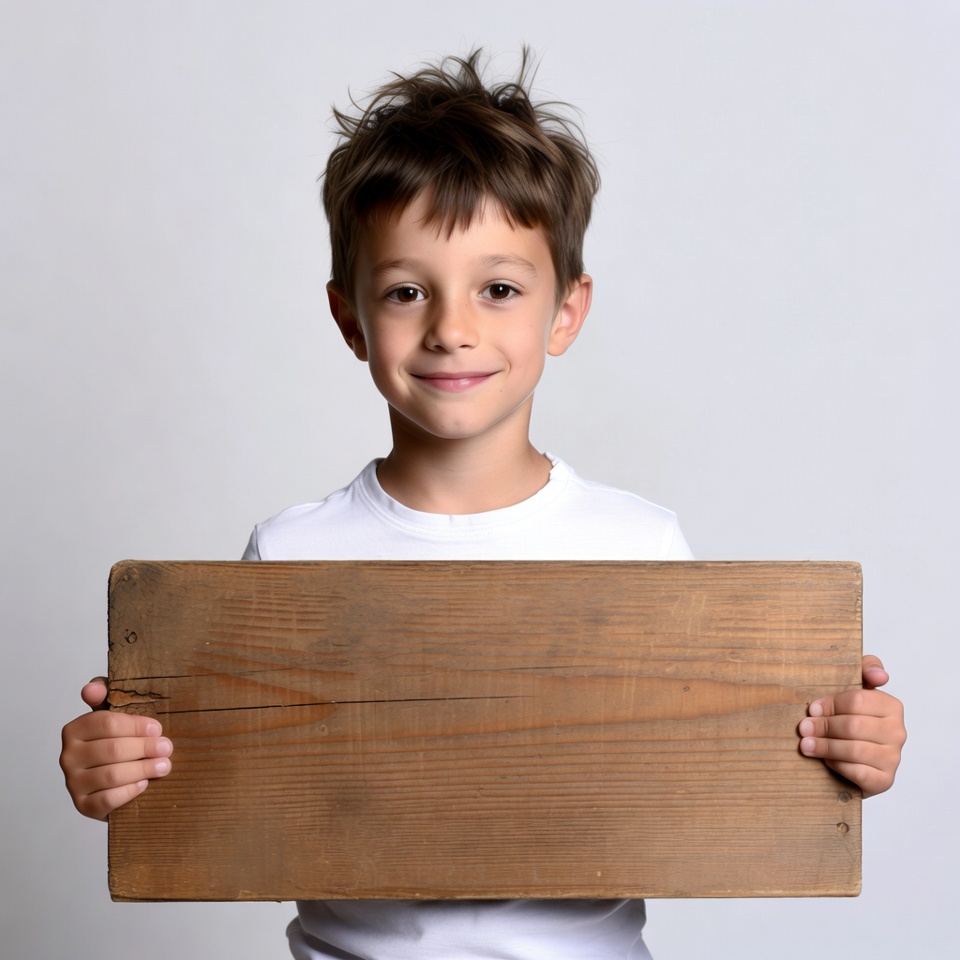 Boy holding blank wooden sign Boy holding blank wooden sign