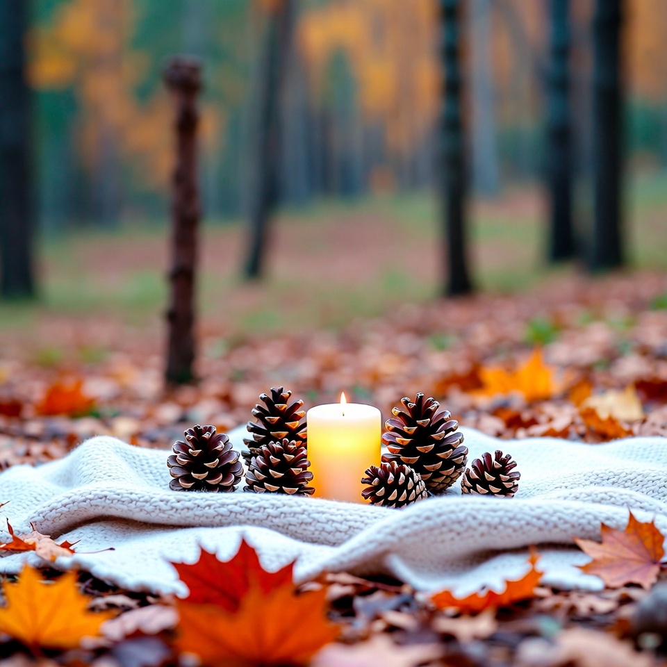 Pine Cones and Candle on Autumn Forest Blanket Pine Cones and Candle on Autumn Forest Blanket