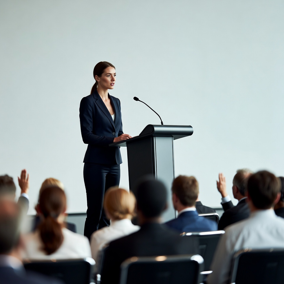 Woman speaking at podium to audience Woman speaking at podium to audience
