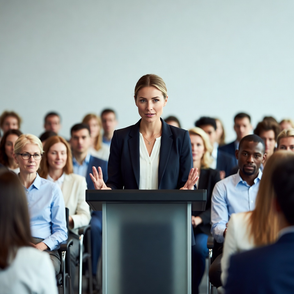 Woman speaking at podium to audience Woman speaking at podium to audience