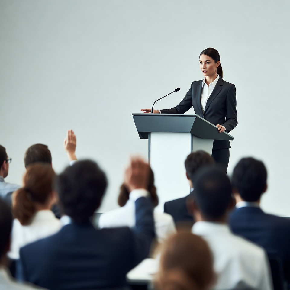 Woman speaking at podium to audience Woman speaking at podium to audience