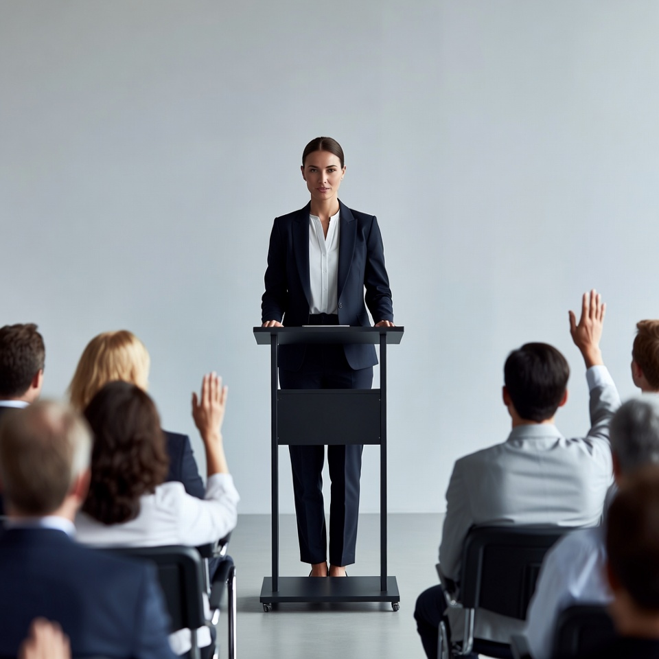 Woman speaking at podium with audience Woman speaking at podium with audience