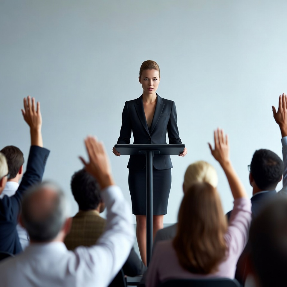 Woman speaking at podium with raised hands audience Woman speaking at podium with raised hands audience