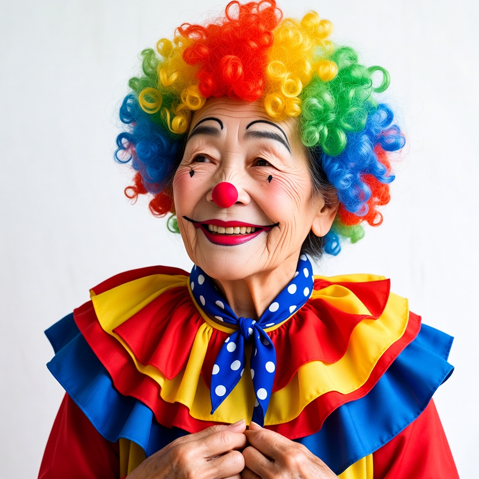 Elderly Asian woman in clown costume Elderly Asian woman in clown costume