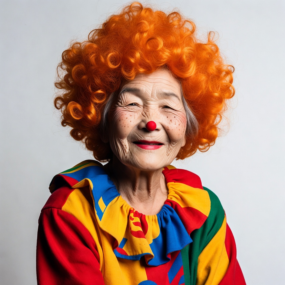 Elderly Asian woman in clown costume Elderly Asian woman in clown costume