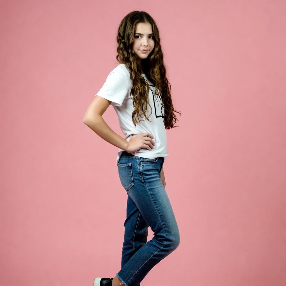Girl posing in white t-shirt jeans Girl posing in white t-shirt jeans