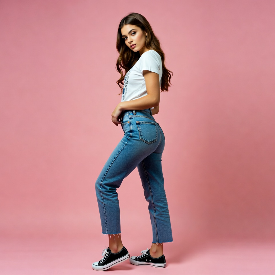 Woman posing in white t-shirt jeans Woman posing in white t-shirt jeans