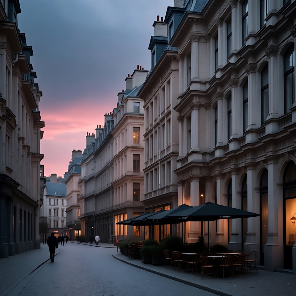 Paris Street at Sunset with People Paris Street at Sunset with People