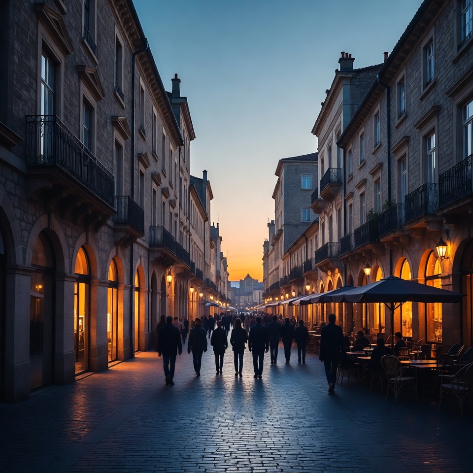 Crowded European Street at Sunset Crowded European Street at Sunset