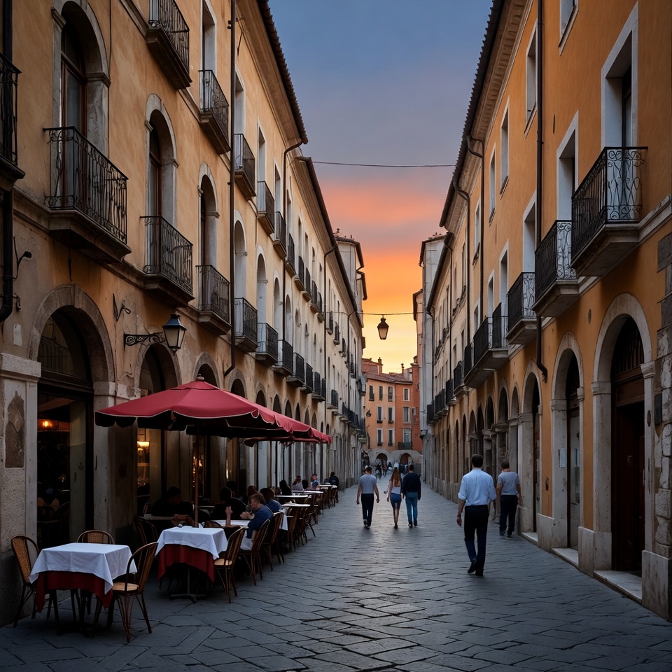 Sunset Narrow Street with Outdoor Cafe Sunset Narrow Street with Outdoor Cafe