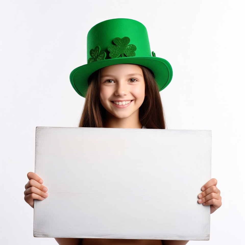 Girl holding blank sign in green leprechaun hat Girl holding blank sign in green leprechaun hat