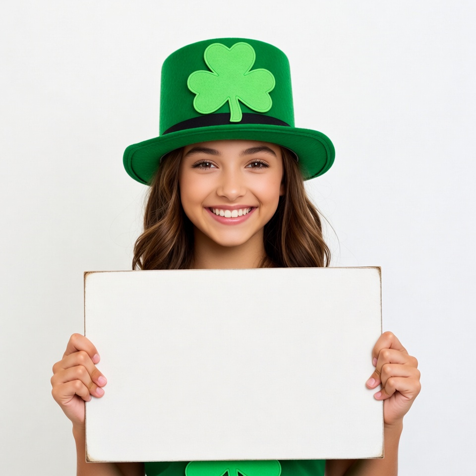 Girl holding blank sign in shamrock hat Girl holding blank sign in shamrock hat