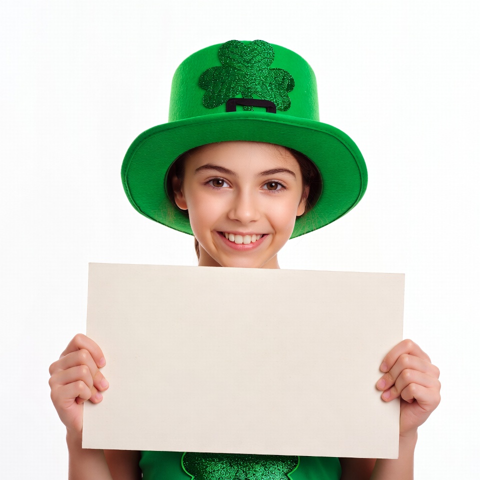 Girl holding blank sign in leprechaun hat Girl holding blank sign in leprechaun hat