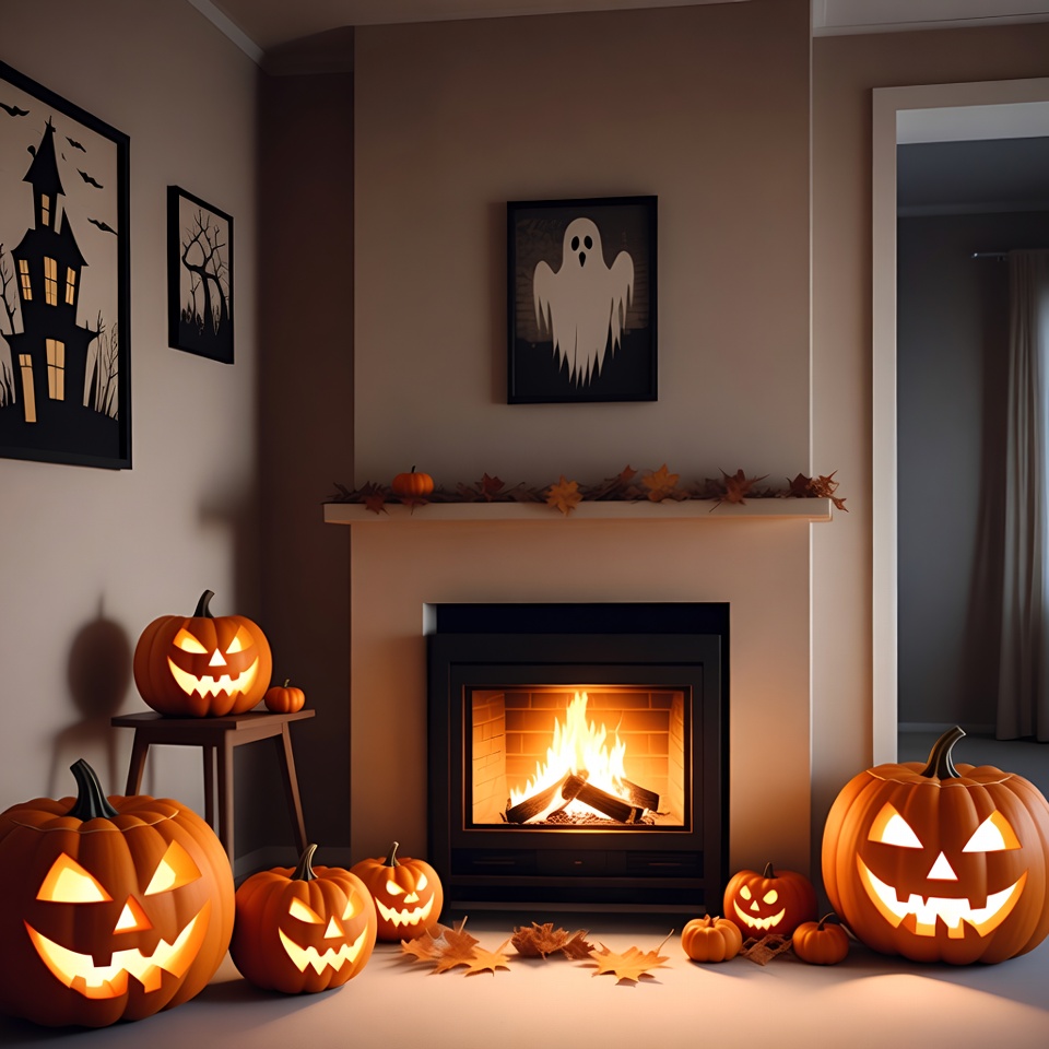 Halloween pumpkins by cozy fireplace Halloween pumpkins by cozy fireplace