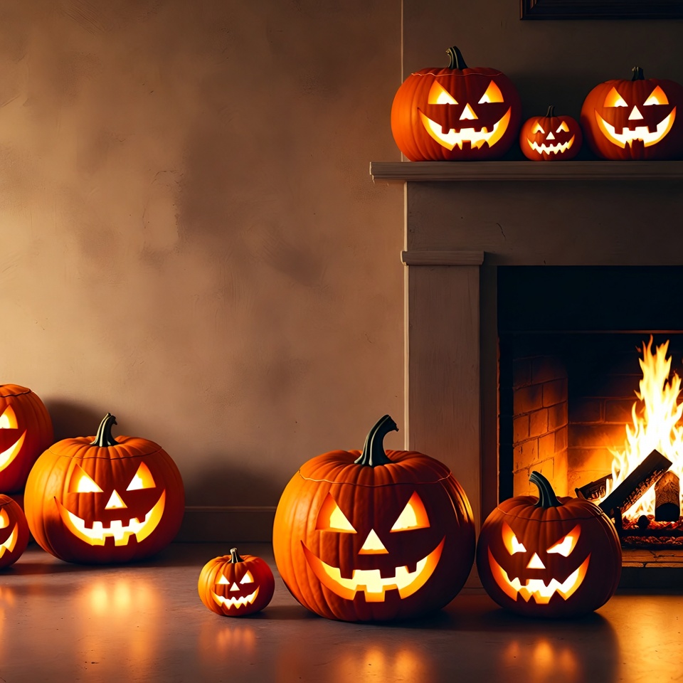 Jack-o'-lanterns by cozy fireplace Jack-o'-lanterns by cozy fireplace