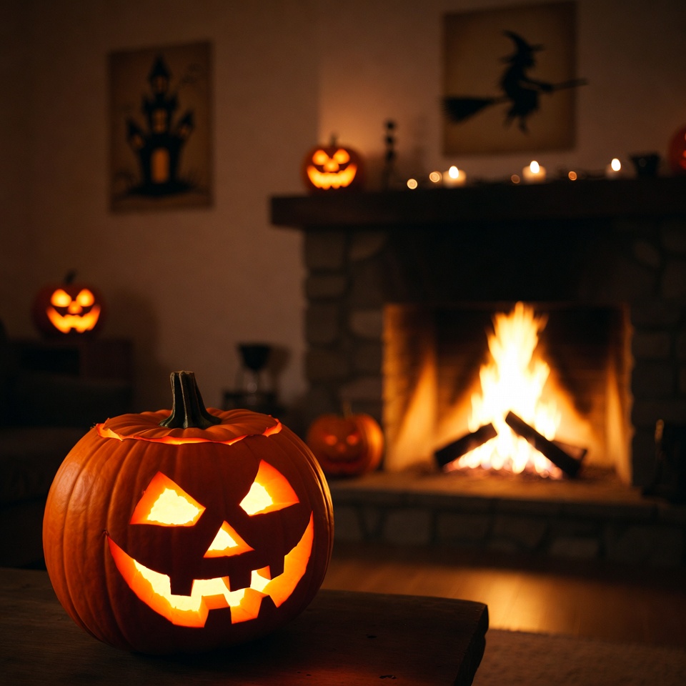 Jack-o'-lantern by cozy fireplace Jack-o'-lantern by cozy fireplace