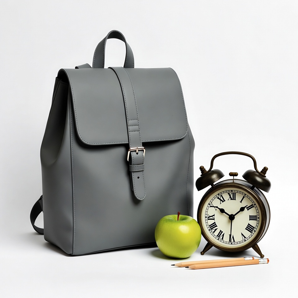 Gray Backpack with Alarm Clock and Apple Gray Backpack with Alarm Clock and Apple