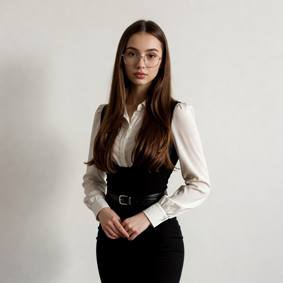 Young woman in white blouse black vest skirt Young woman in white blouse black vest skirt