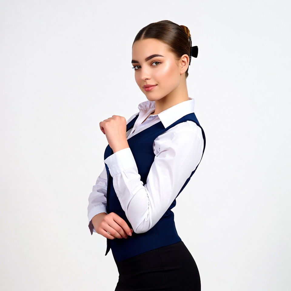Young woman in navy vest and white shirt Young woman in navy vest and white shirt