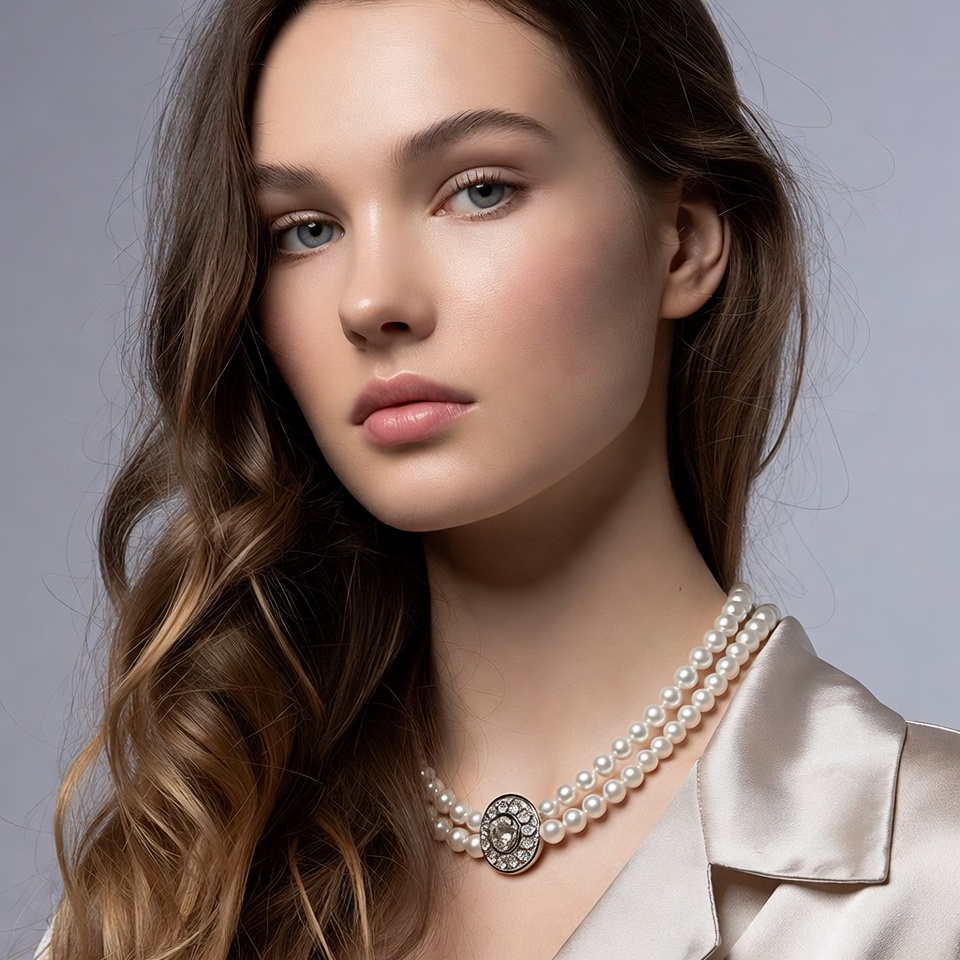 Woman wearing pearl necklace Woman wearing pearl necklace