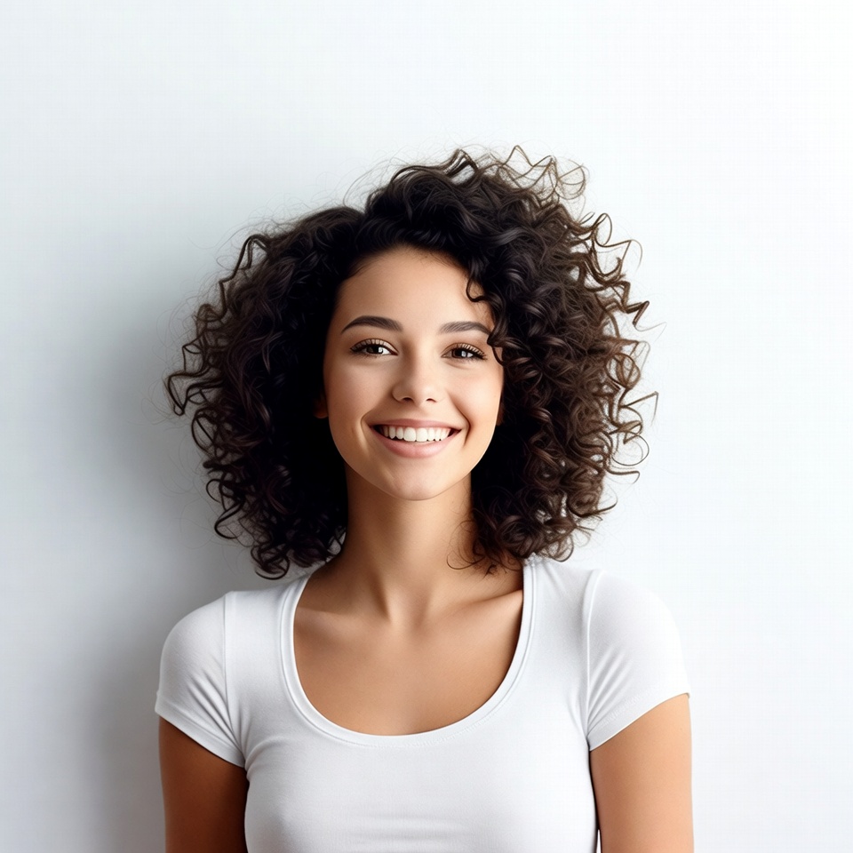 Smiling woman with curly hair Smiling woman with curly hair