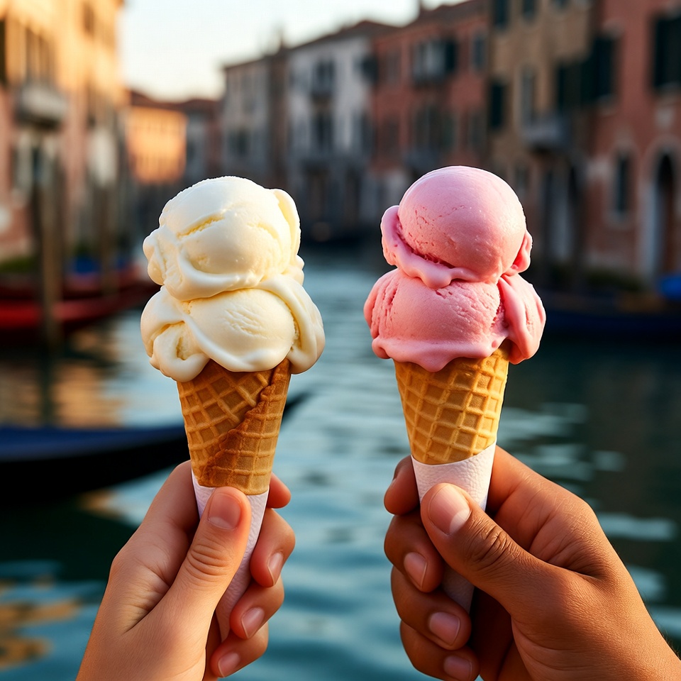 Hands Holding Vanilla and Pink Ice Cream Cones Venice Hands Holding Vanilla and Pink Ice Cream Cones Venice