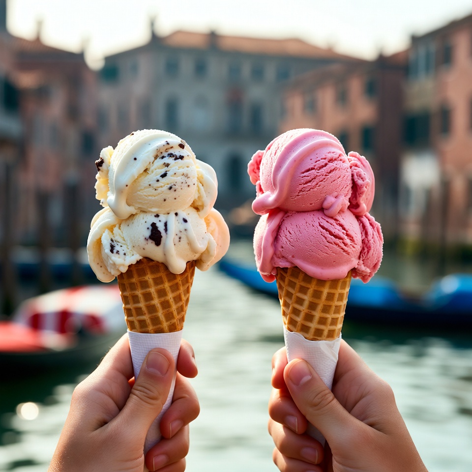 Hands Holding Vanilla and Pink Ice Cream Cones Venice Hands Holding Vanilla and Pink Ice Cream Cones Venice