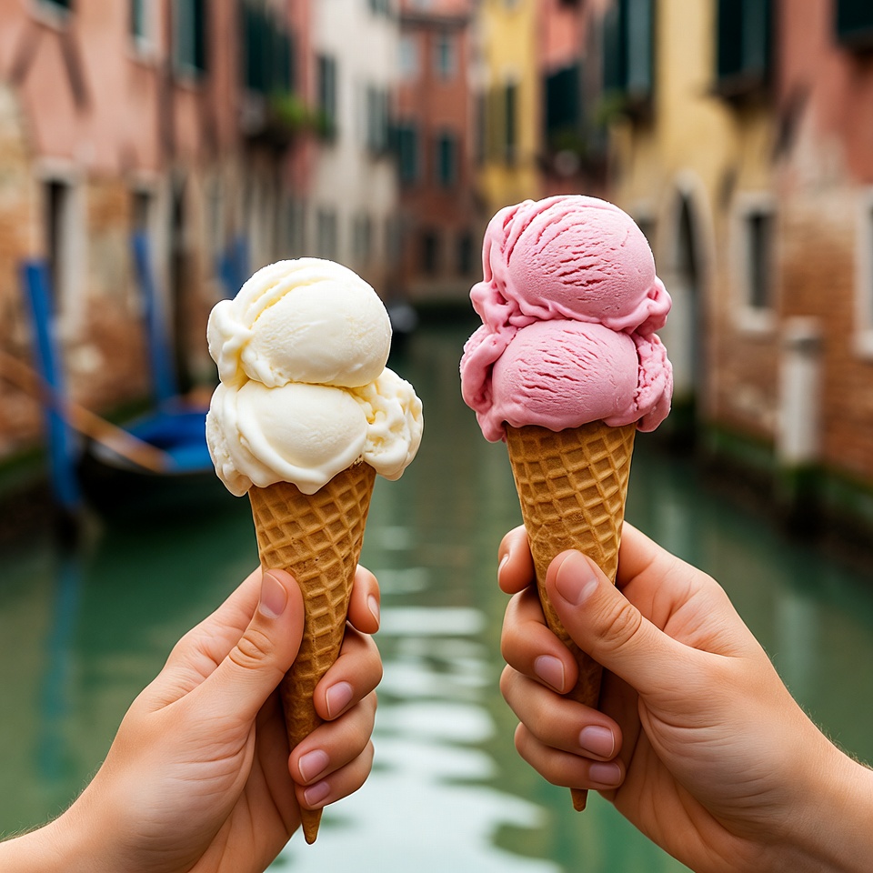 Hands Holding Vanilla Strawberry Ice Cream Cones Venice Hands Holding Vanilla Strawberry Ice Cream Cones Venice