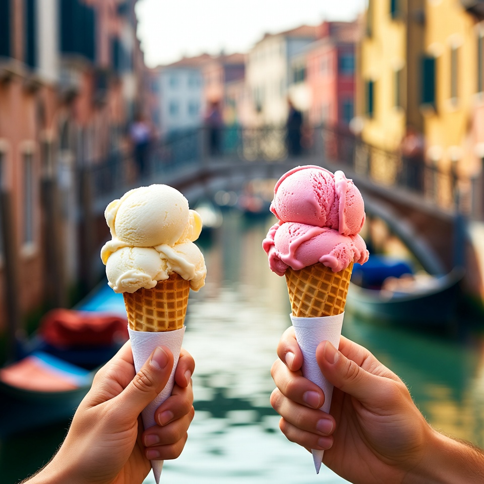 Hands holding vanilla strawberry ice cream cones Venice Hands holding vanilla strawberry ice cream cones Venice
