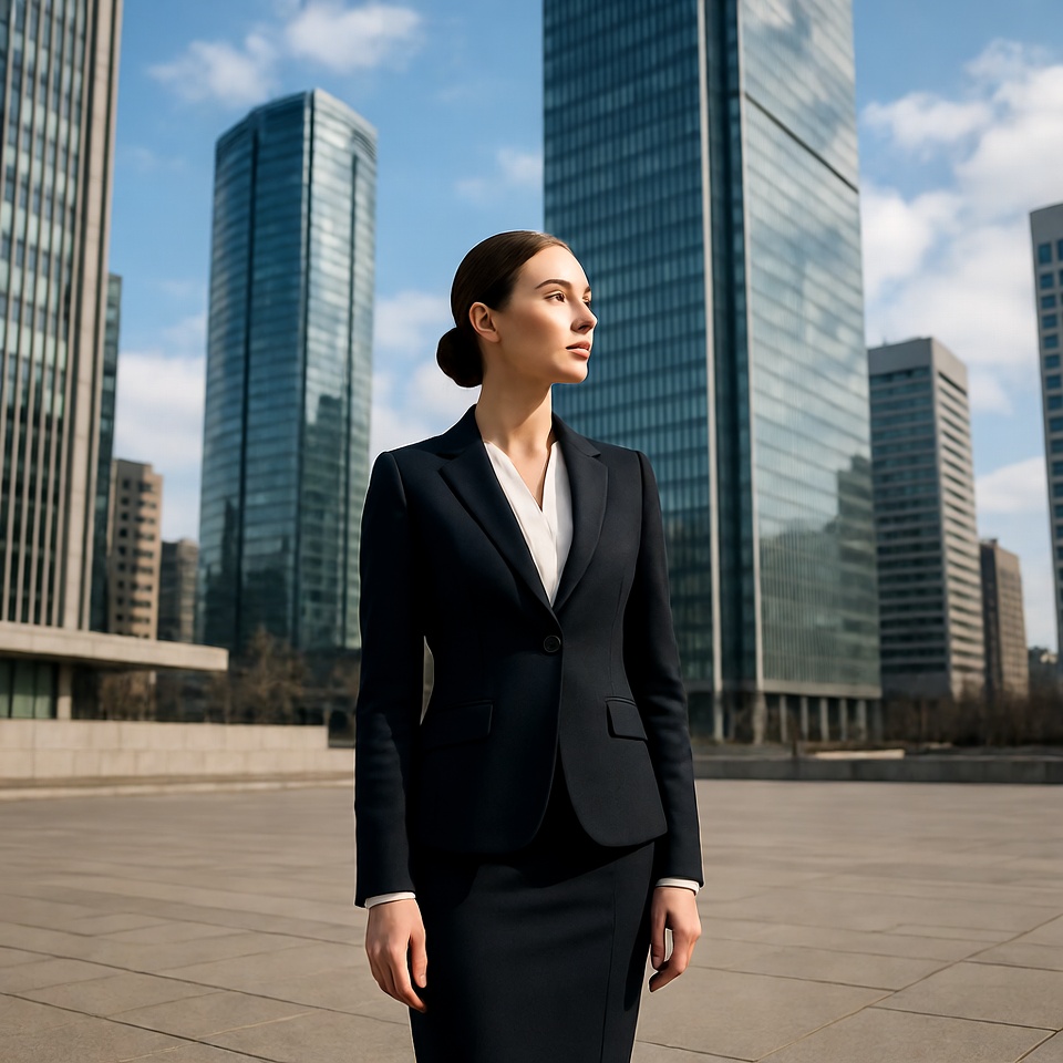 Businesswoman standing in front of skyscrapers Businesswoman standing in front of skyscrapers