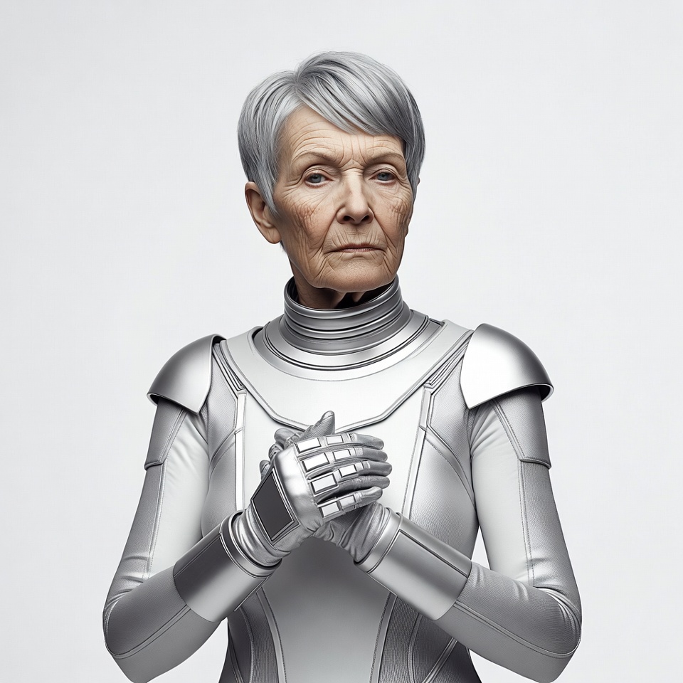 Elderly woman in silver futuristic armor Elderly woman in silver futuristic armor
