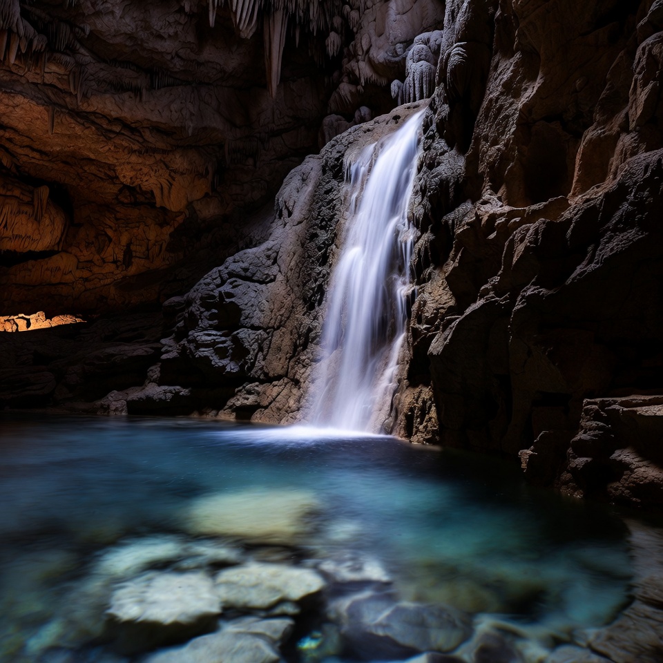 Waterfall in cave with turquoise pool Waterfall in cave with turquoise pool