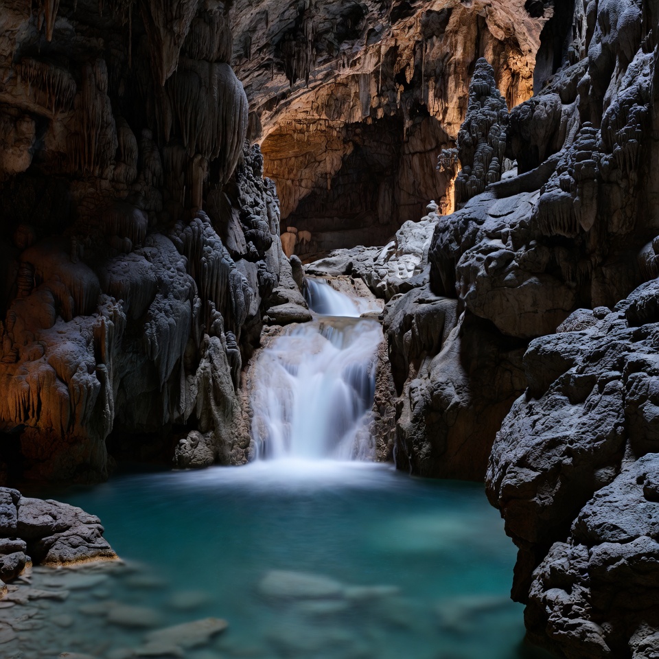 Waterfall in cave with turquoise pool Waterfall in cave with turquoise pool