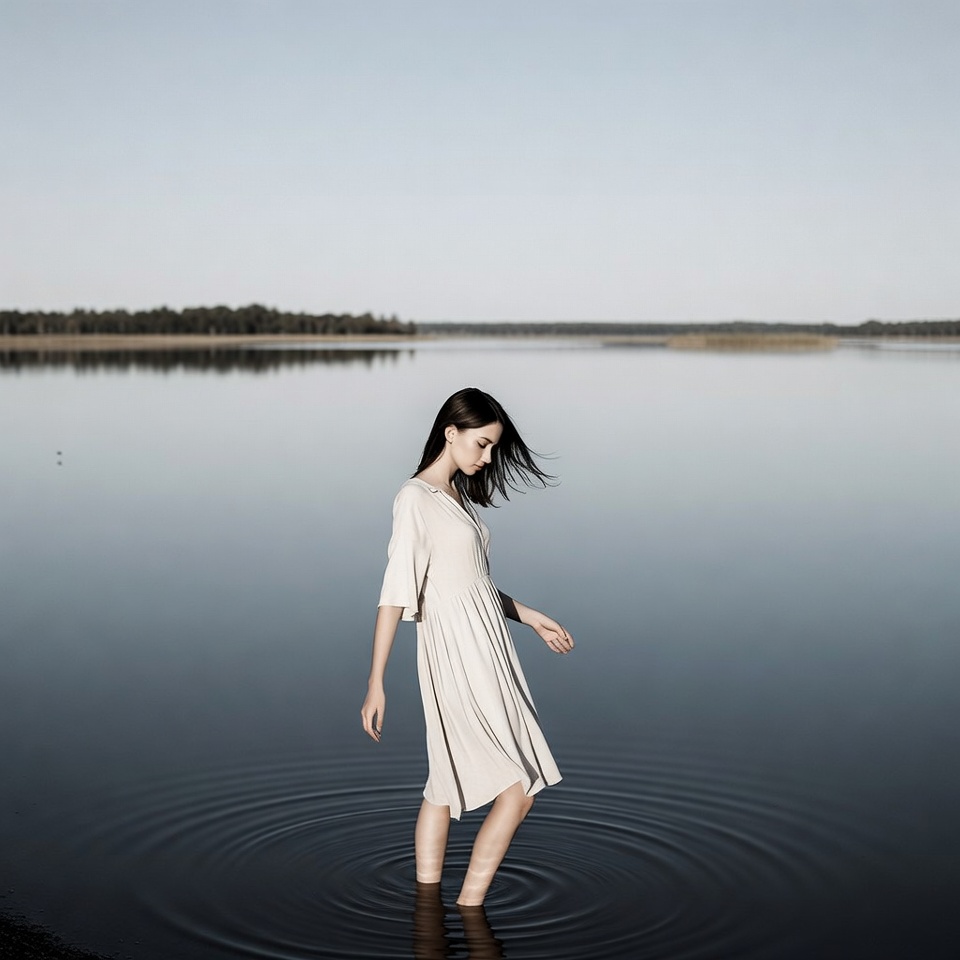 Woman standing in shallow lake water Woman standing in shallow lake water