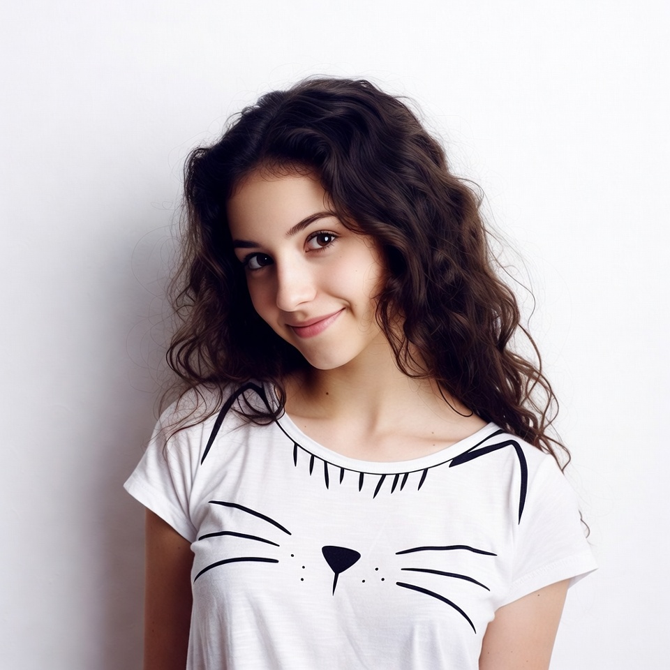 Girl smiling in cat face t-shirt Girl smiling in cat face t-shirt