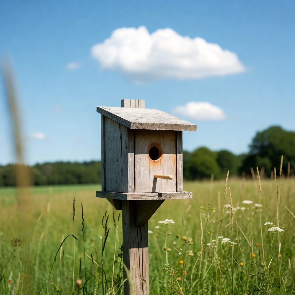 Wooden birdhouse on post in field Wooden birdhouse on post in field
