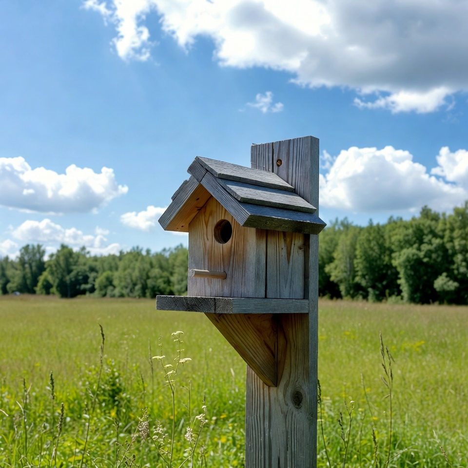 Wooden birdhouse on post in field Wooden birdhouse on post in field