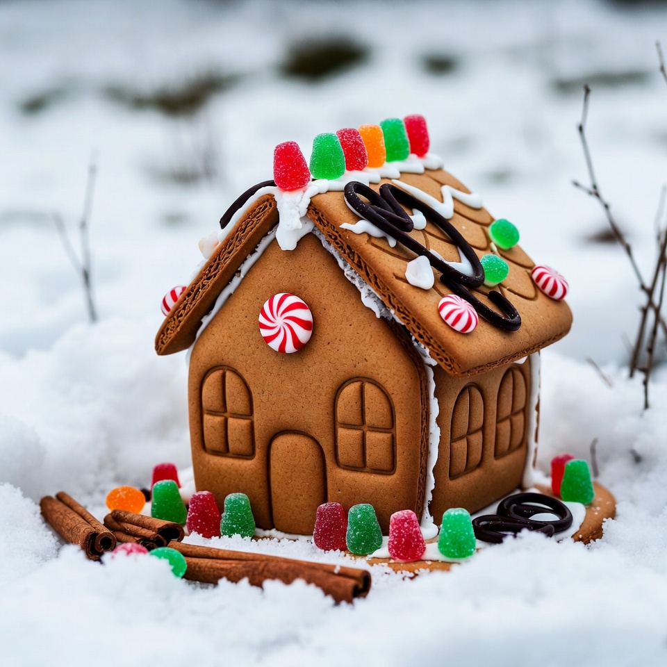 Gingerbread house in snowy landscape Gingerbread house in snowy landscape