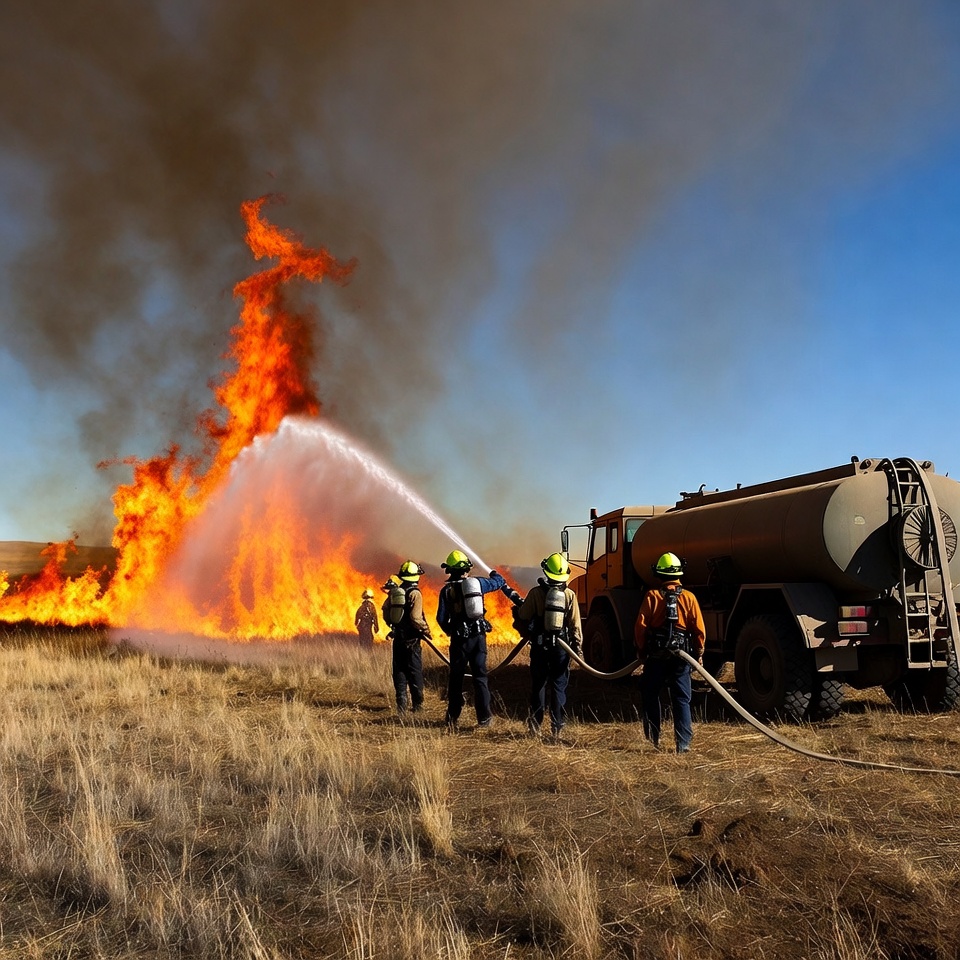 Firefighters battling wildfire with truck Firefighters battling wildfire with truck