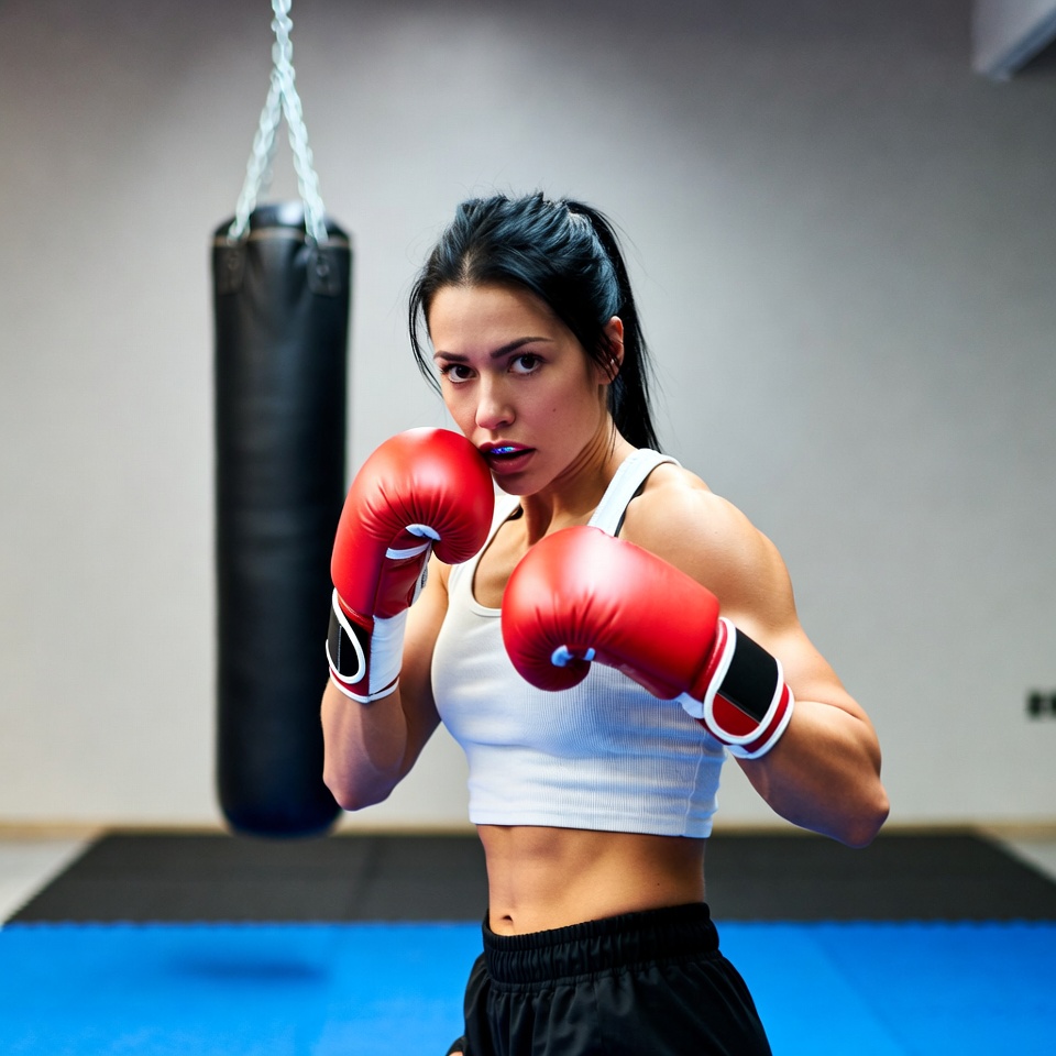 Woman boxing with punching bag Woman boxing with punching bag