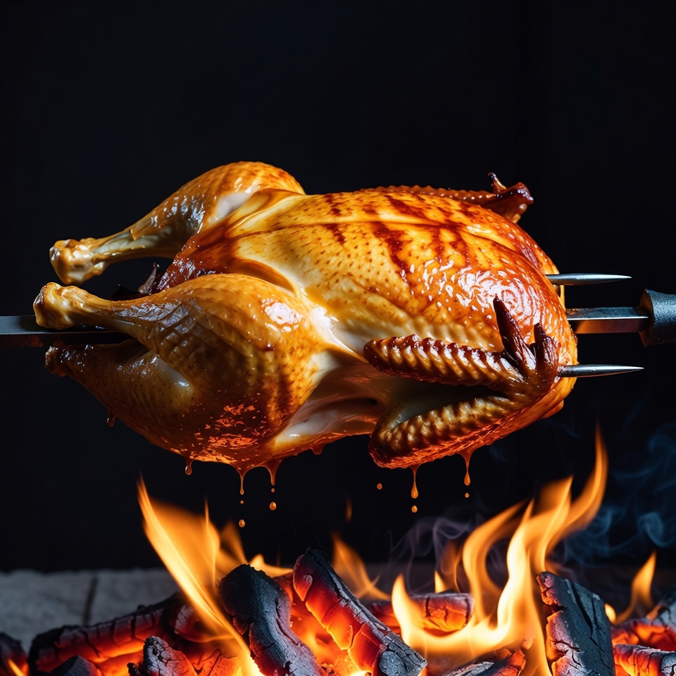 Roasted Chicken on Spit over Fire Roasted Chicken on Spit over Fire