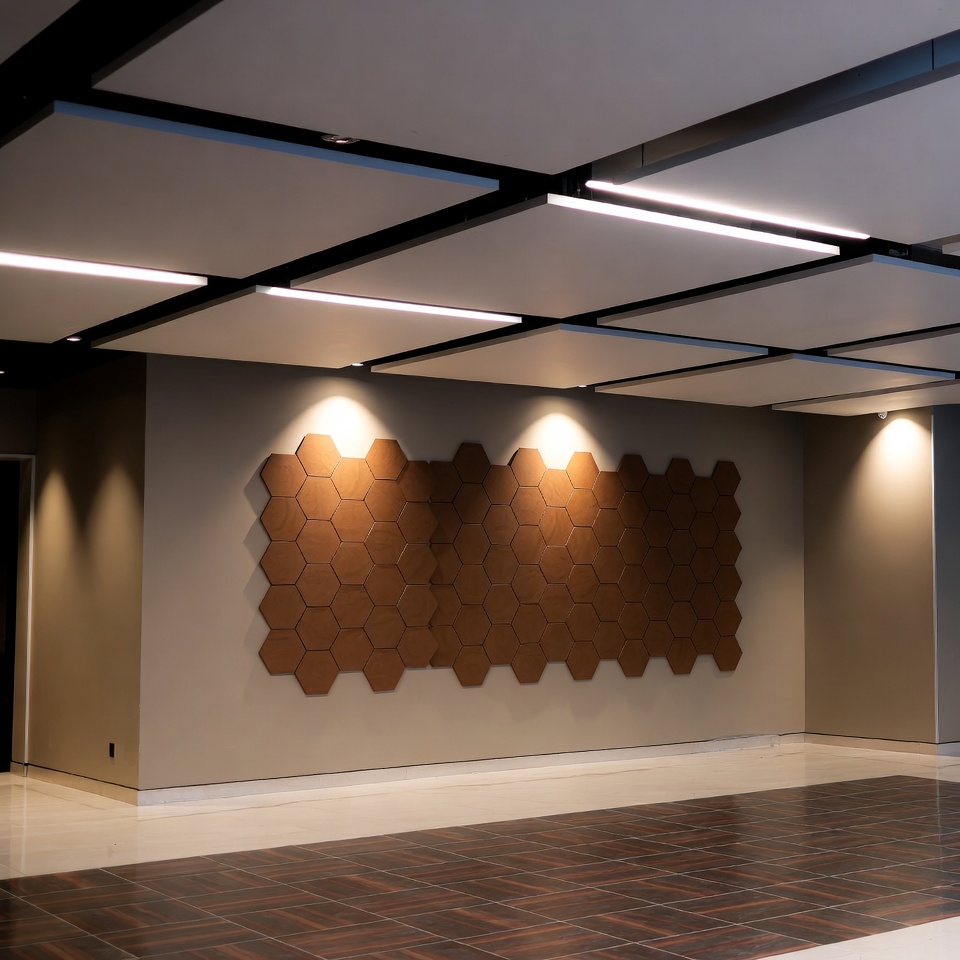 Hexagonal Brown Wall Panels in Modern Hallway Hexagonal Brown Wall Panels in Modern Hallway